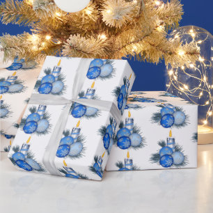 Papier Cadeau Ornements de Noël bleu et bougie