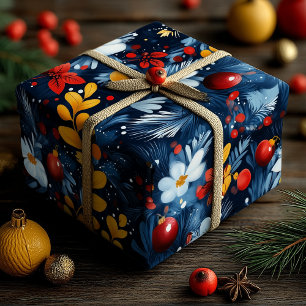 Papier Cadeau Ornements de Noël bleus avec motif floral blanc