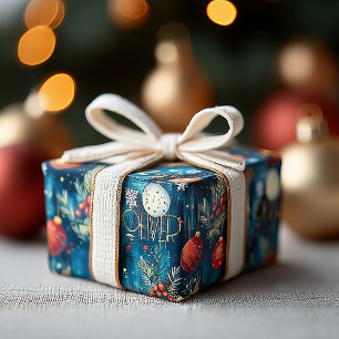 Papier Cadeau Ornements de Noël bleus classiques et motif de hou