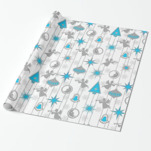 Papier Cadeau Ornements de Noël bleus et argentés enveloppant