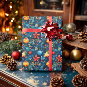 Papier Cadeau Ornements de Noël bleus festifs et motif de feuill