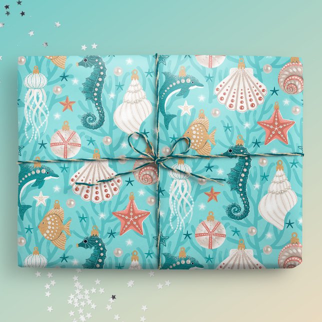 Papier Cadeau Ornements de Noël côtiers (Coastal giftwrap mockup)