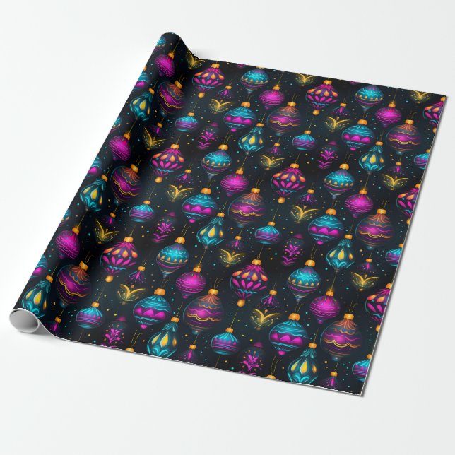 Papier Cadeau Ornements de Noël de Neon (Déroulé)