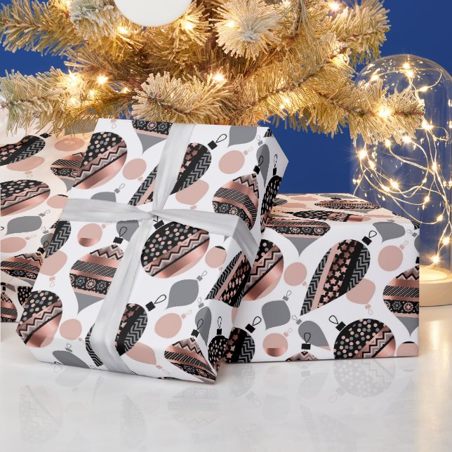 Papier Cadeau Ornements de Noël en or rose  (Vacances)