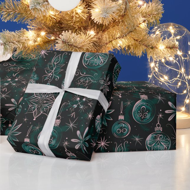 Papier Cadeau Ornements de Noël Lumières Floral Vert Noël (Vacances)
