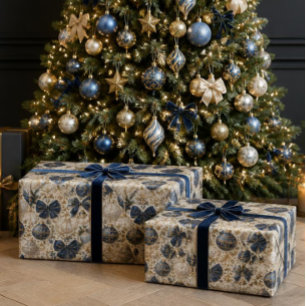 Papier Cadeau Ornements de Noël Luxueux Bleu Nuit, Ivoire et Or