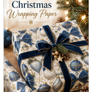 Papier Cadeau Ornements de Noël Luxueux Bleu Nuit, Ivoire et Or