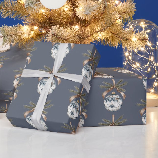 Papier Cadeau Ornements de Noël Or Champagne Blanc Bleu (Vacances)