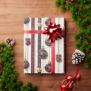 Papier Cadeau Ornements de Noël rayés crème Bourgogne