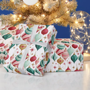 Papier Cadeau Ornements de Noël Rétro Rose et Turquoise