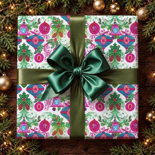 Papier Cadeau Ornements de Noël Rétro Turquoise Rose Vibrant