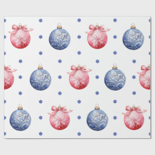 Papier Cadeau Ornements de Noël rose et bleu sur blanc