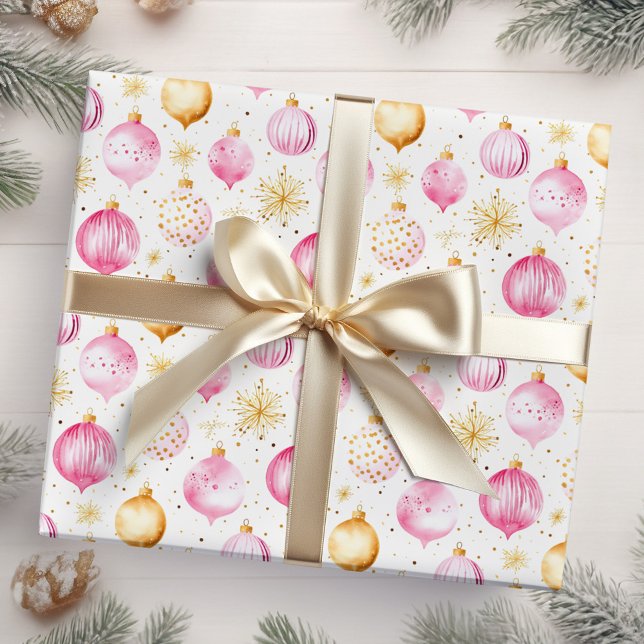 Papier Cadeau Ornements de Noël rose et or (Créateur téléchargé)