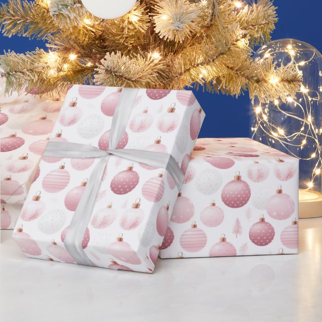 Papier Cadeau Ornements de Noël roses et blancs (Vacances)