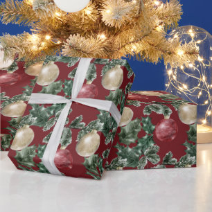 Papier Cadeau Ornements de Noël rouge et blanc et verdure