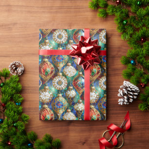 Papier Cadeau Ornements de Noël Rouge Vert Bleu Blanc Or