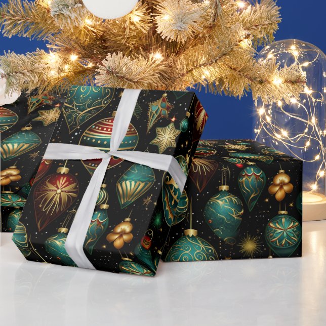 Papier Cadeau Ornements de Noël victoriens avec accents or (Vacances)