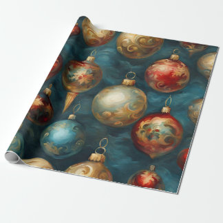 Papier Cadeau Ornements de Noël victoriens sur Bleu Élégant