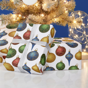 Papier Cadeau Ornements de Noël vintage colorés sur fond blanc 