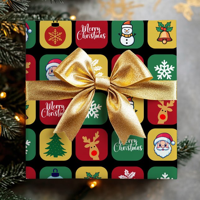 Papier Cadeau Ornements modernes de Noël Père Noël Tree Snowman (Modern Christmas Santa Tree Ornaments Snowman Wrapping Paper)