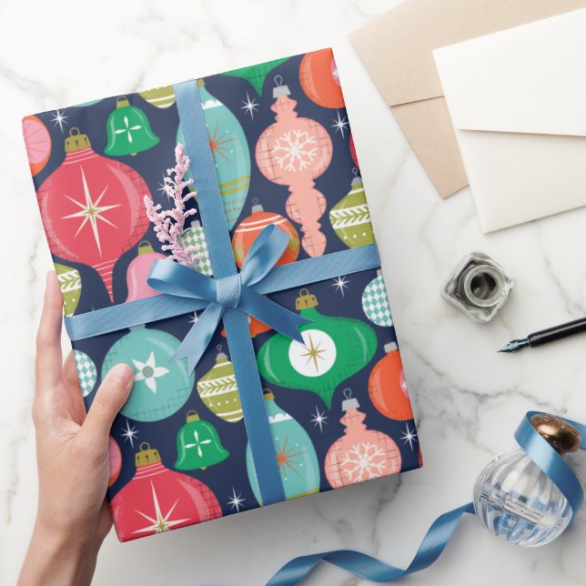 Papier Cadeau Ornements rétro de Noël bleu (Cadeaux)
