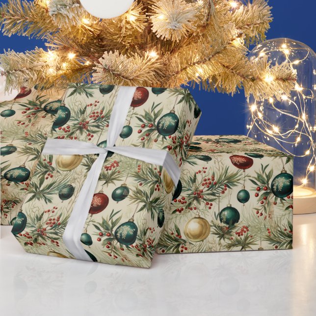 Papier Cadeau Ornements vintages, Baies, Branches (Vacances)