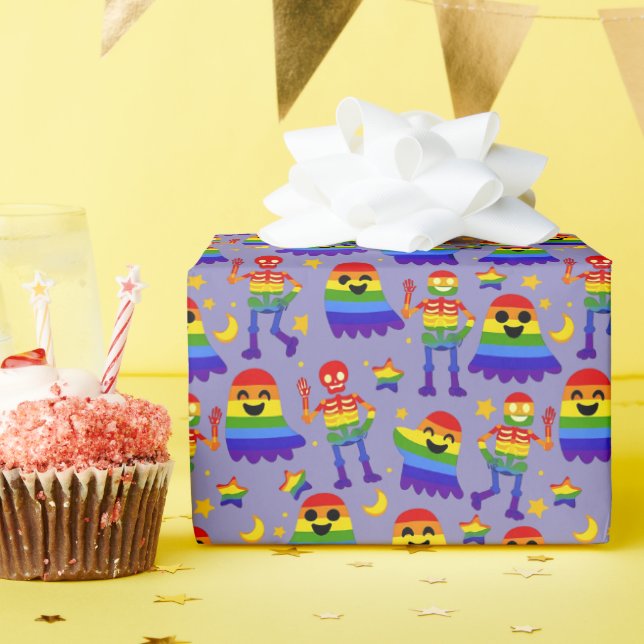 Papier Cadeau 🦇🌈 Os et Étoiles Arc‑en‑ciel  (Fête d'anniversaire)
