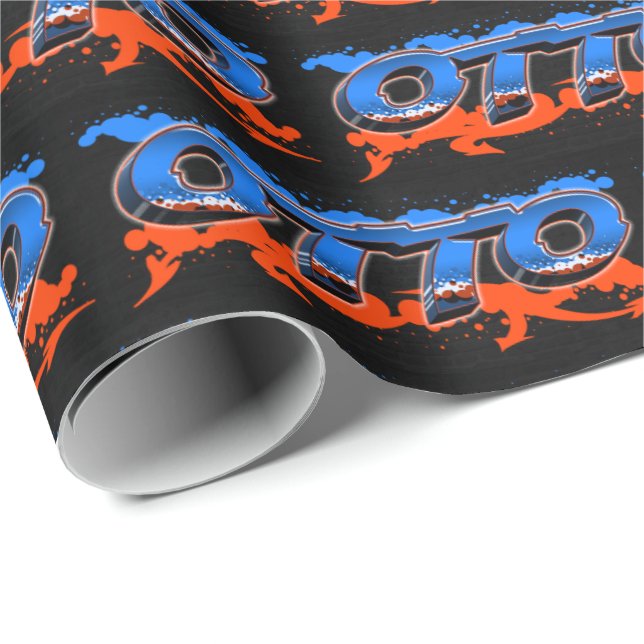 Papier Cadeau Otto prénom nom Graffiti bleu orange (Coin rond)