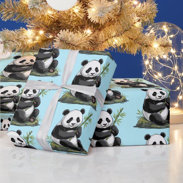 Papier Cadeau Ourdou Mignon Ours Panda Avec Verdure Bamboo Bleu (Vacances)