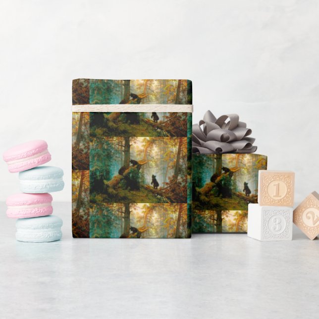 Papier Cadeau Ours avec des oursons dans une forêt de pins Ivan  (Baby Shower)