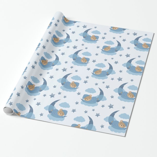 Papier Cadeau Ours Bébé Couché Bleu Sur Lune Nuages & Étoiles (Déroulé)