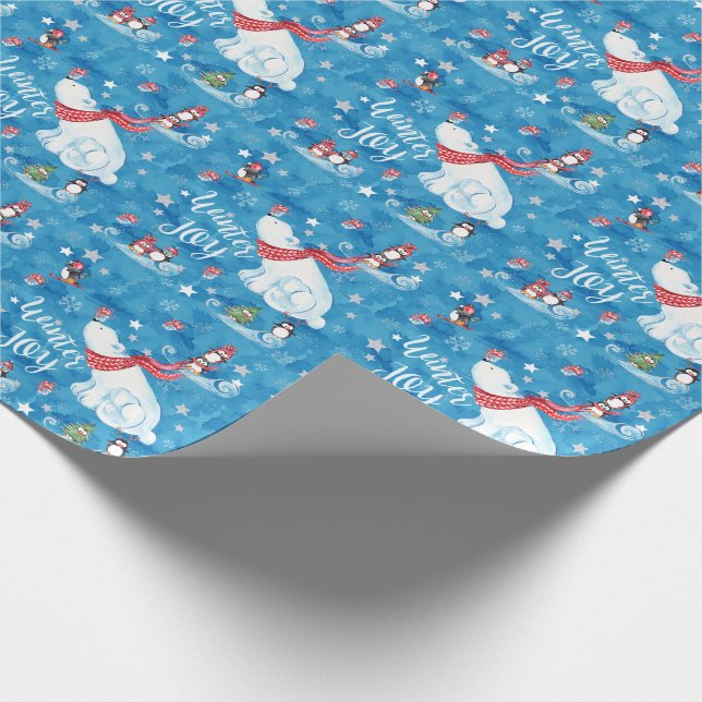 Papier Cadeau Ours blancs et pingouins de joie d'hiver (Coin)