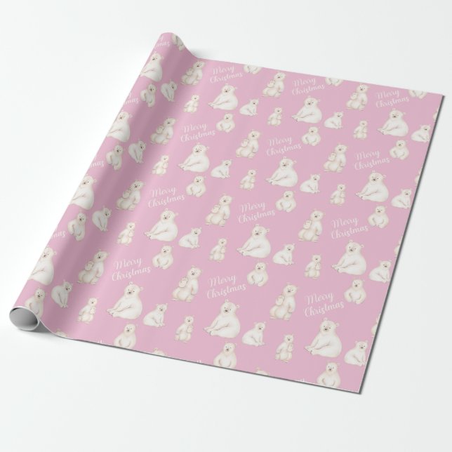 Papier Cadeau Ours blancs joyeux rose Noël (Déroulé)