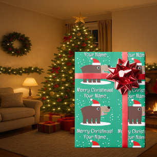 Papier Cadeau Ours brun dessin animé avec chapeau de père Noël p