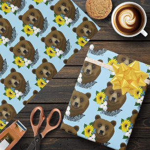 Papier Cadeau Ours Brun Fleurs Bleues Plume Faune