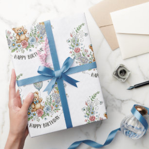 Papier Cadeau Ours d'anniversaire floral bohème