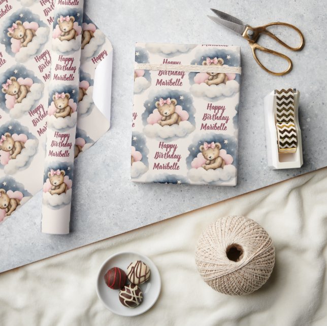 Papier Cadeau Ours de bébé céleste Filles personnalisées Anniver (Artisanat)