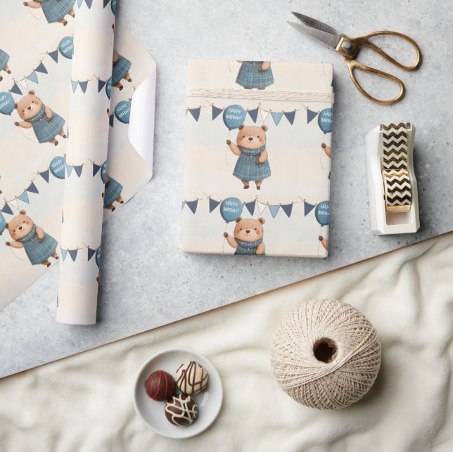 Papier Cadeau Ours de fille avec robe bleue plaid et ballon (Artisanat)