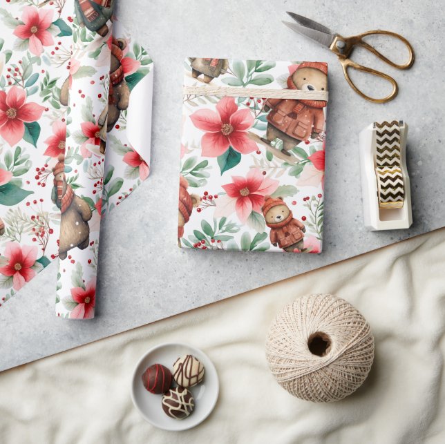 Papier Cadeau Ours de Noël floral (Artisanat)