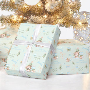 Papier Cadeau Ours de Noël Garçon Bleu Vert Nom Texte Noël