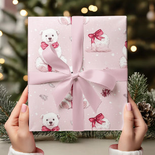 Papier Cadeau Ours de Noël rose vintage avec Bow rouge