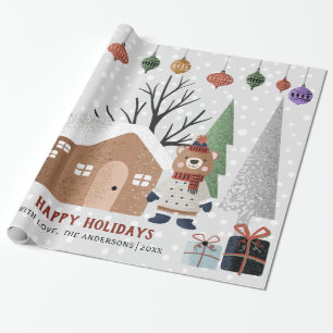 Papier Cadeau Ours d'hiver, arbres et maison Noël