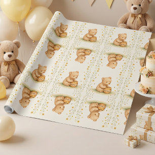 Papier Cadeau Ours en Nid d'Abeille Fleurs Naissance Fête