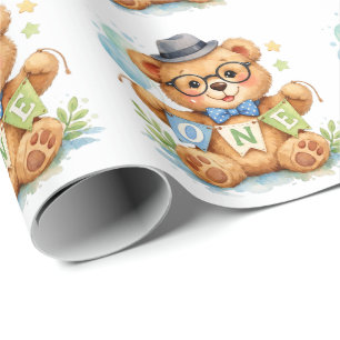 Papier Cadeau Ours en peluche à l'aquarelle avec bannière Joyeux