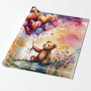 Papier Cadeau Ours en peluche avec ballons en forme de coeur