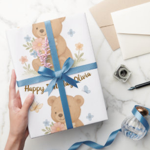 Papier Cadeau Ours en peluche avec fleurs Cadeau d'anniversaire 
