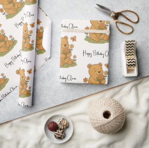 Papier Cadeau Ours en peluche avec fleurs personnalisées - Anniv