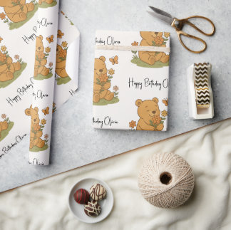 Papier Cadeau Ours en peluche avec fleurs personnalisées - Anniv