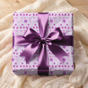 Papier Cadeau Ours en peluche avec texte rose violet Baby Shower