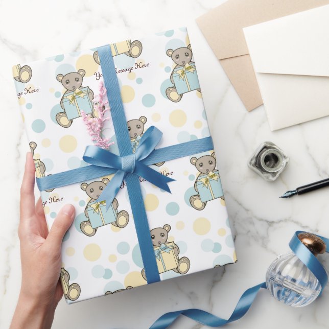 Papier Cadeau Ours en peluche bleu pastel et jaune mignon (Cadeaux)